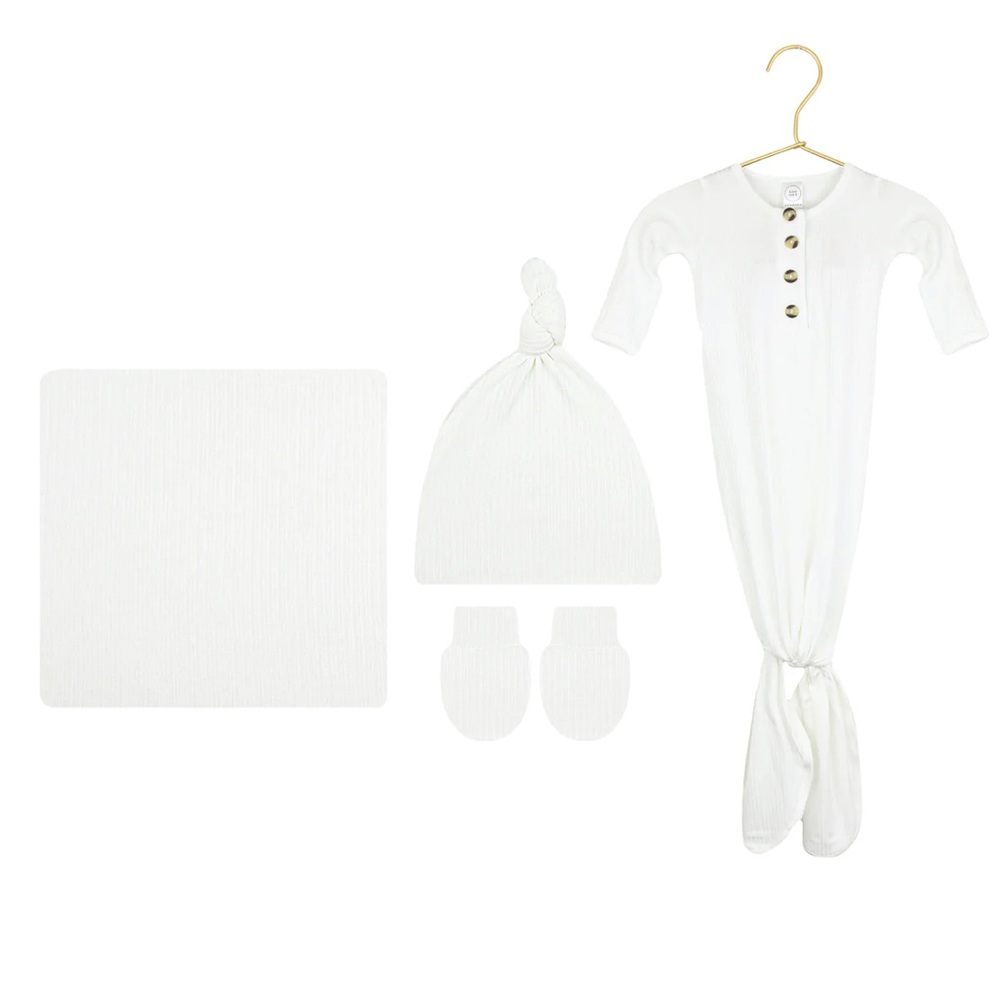 Lou & Lou knotted newborn gown with hat, mittens and swaddle.
